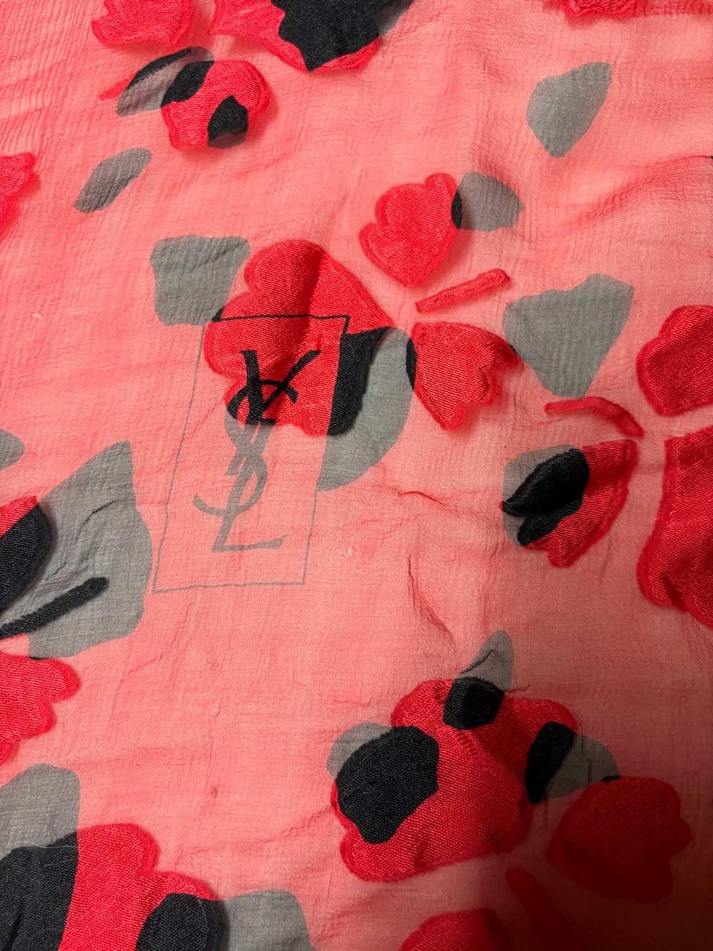 Vintage Yves Saint Laurent YSL Silk Floral Poppy Red and Black Silk Scarf